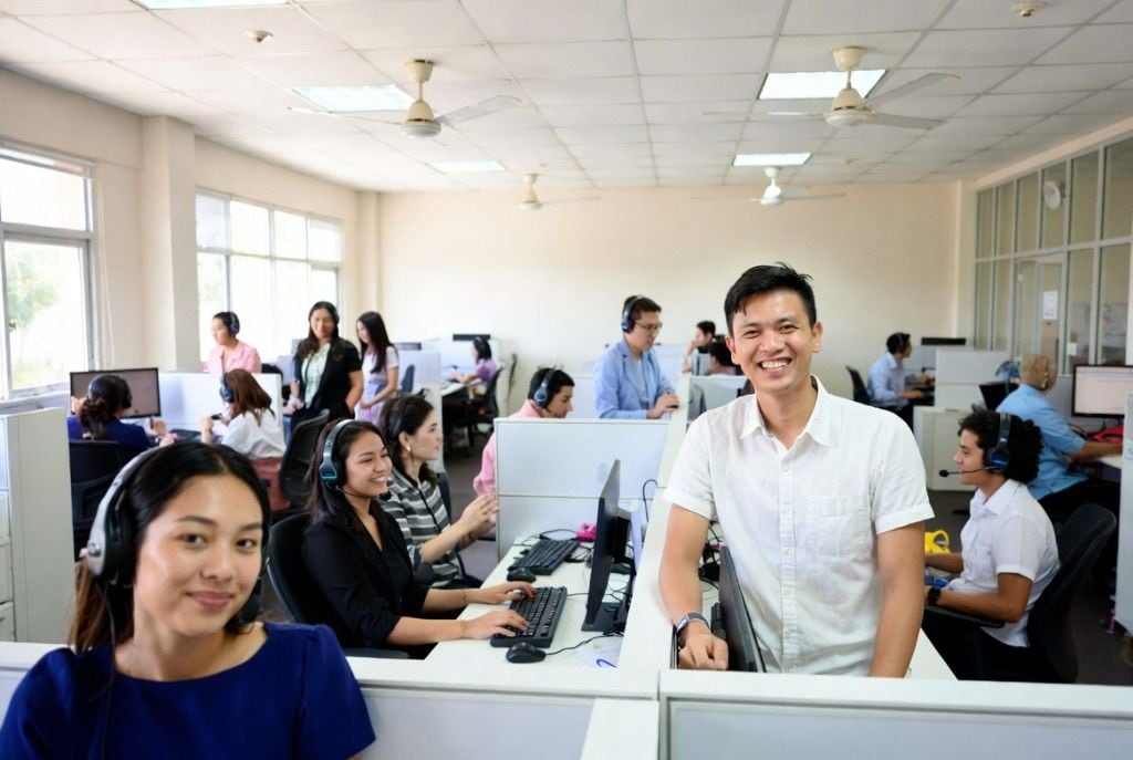 A smiling customer-service teammate wearing a headset in a sunny modern office with happy coworkers also taking calls behind him — the kind of dedicated team Online VA Team places with growing US businesses