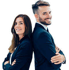 Two smiling Online VA Team teammates standing back-to-back, ready to help