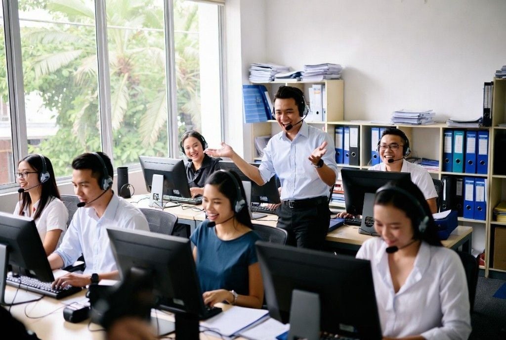 A wide modern open-office with a busy team of teammates focused on their work — the kind of dedicated bench Online VA Team places with growing US businesses