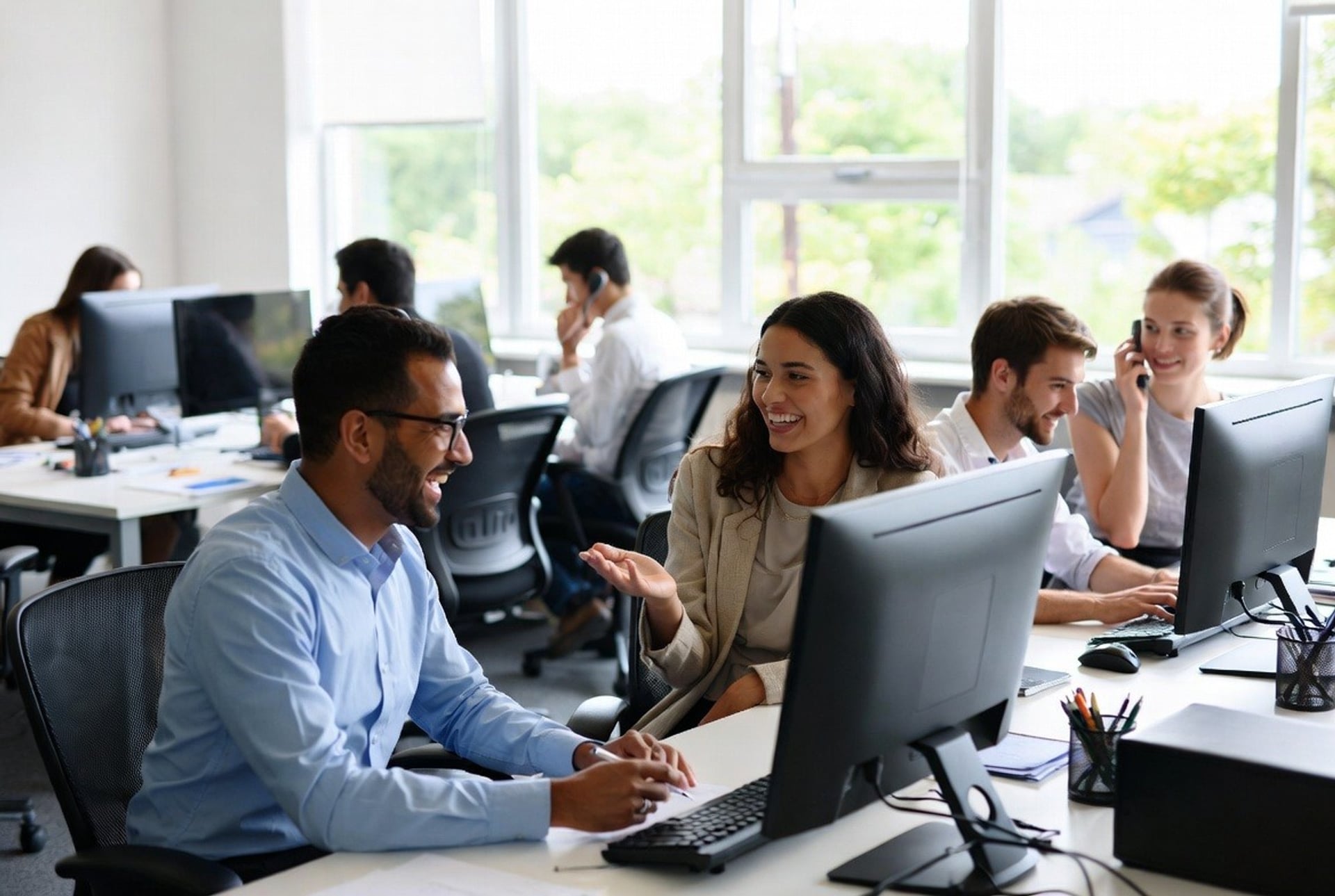 A team of remote-staff teammates working together at a sunlit office desk — the people who'll read your message and reply
