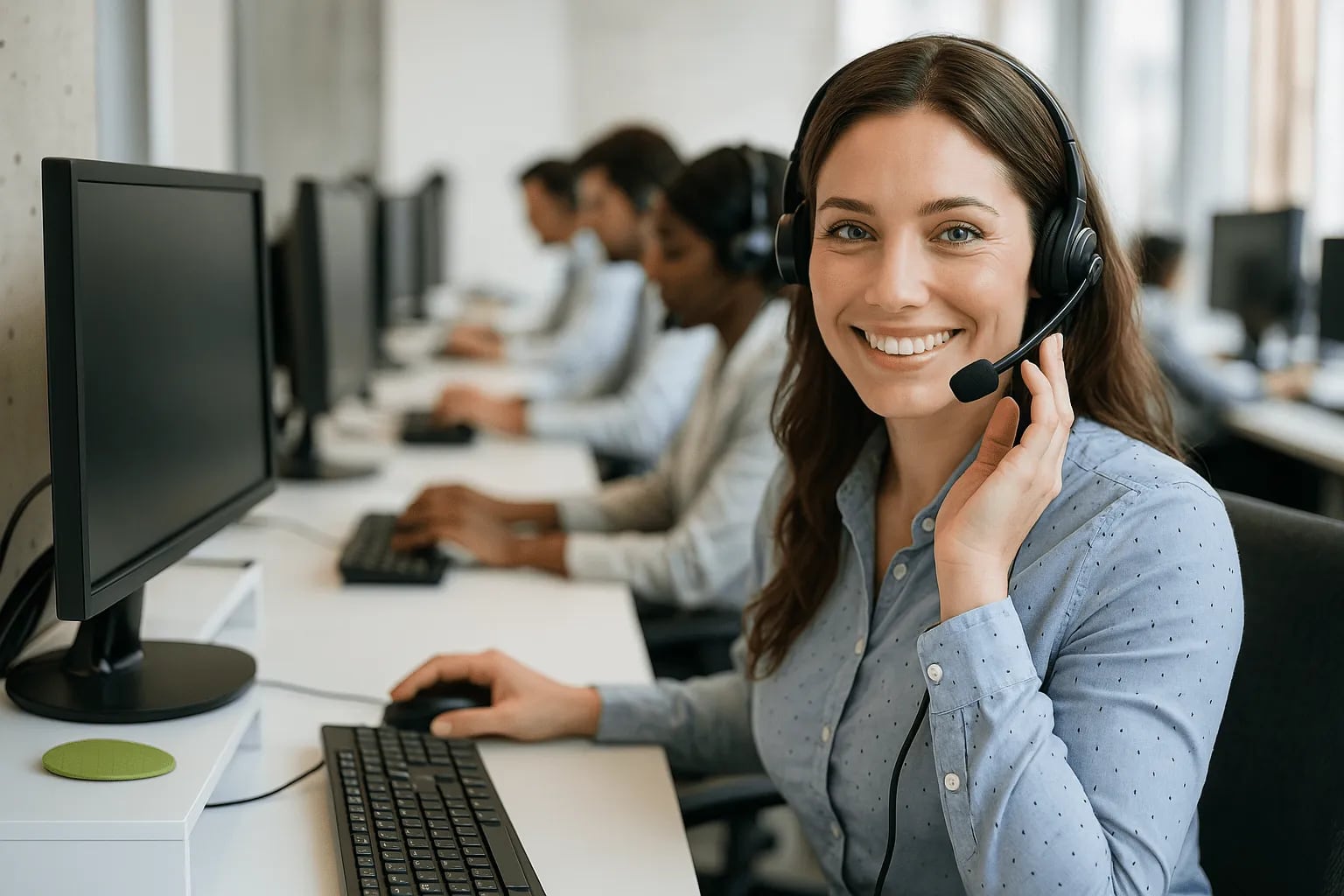 A smiling customer-experience teammate wearing a headset on a busy customer-support floor — the kind of CX team Online VA Team places with growing businesses