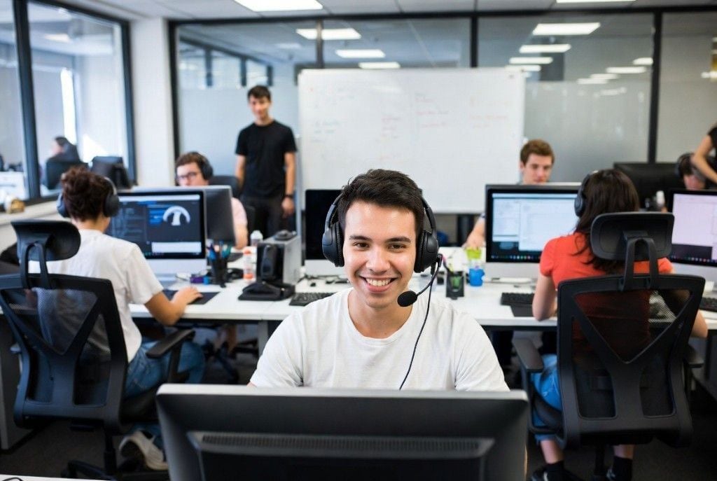 A smiling Online VA Team customer-service teammate wearing a headset at his workstation — friendly CX-rep energy