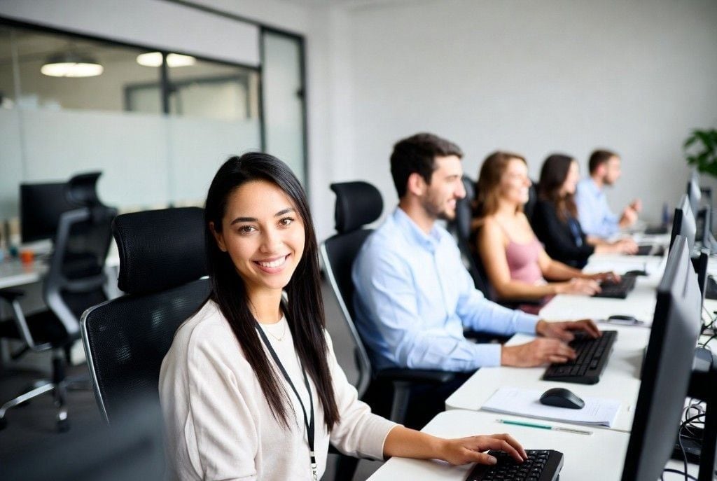 A focused Online VA Team Executive Assistant working at her organized workstation — senior-level admin energy