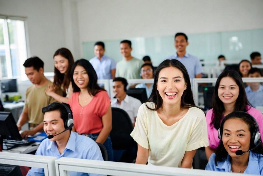 A smiling Online VA Team Real Estate Virtual Assistant in a white button-down with teammates working alongside him