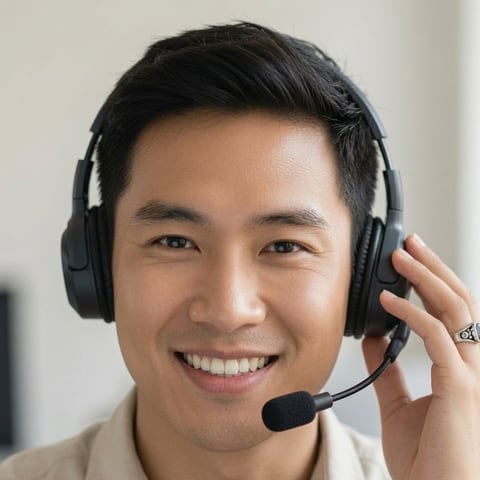 A smiling Online VA Team customer-support teammate wearing a headset