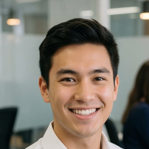 A smiling Online VA Team sales-development teammate in a modern open-plan office