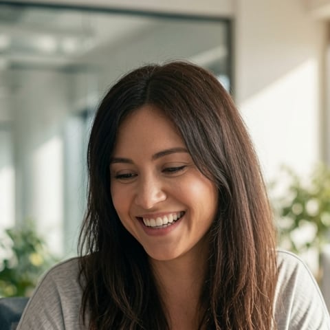 A smiling Online VA Team bookkeeping-and-admin teammate taking notes at her desk