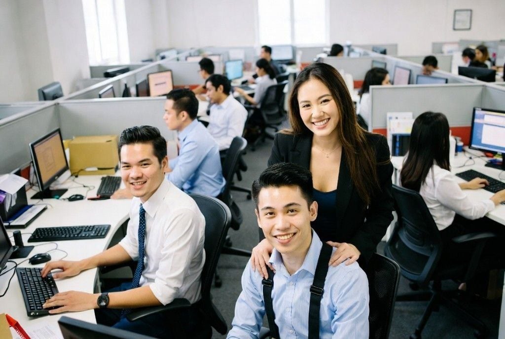 A confident teammate in a navy blazer in a modern professional office — representative of the senior, vetted Filipino professionals Online VA Team places with growing US businesses